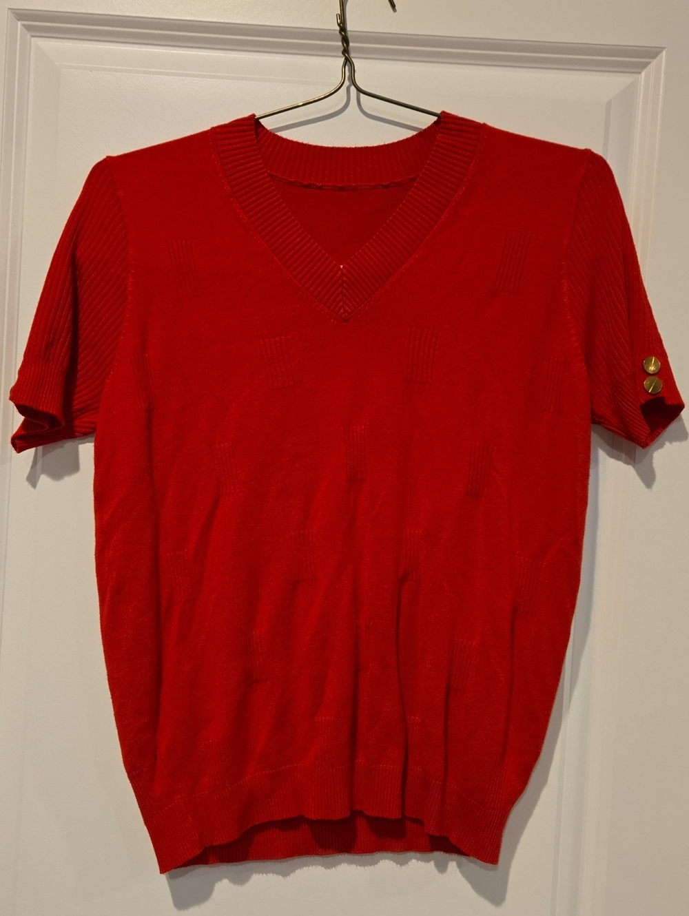 Red V-Neck Short Sleeve Sweater for Women